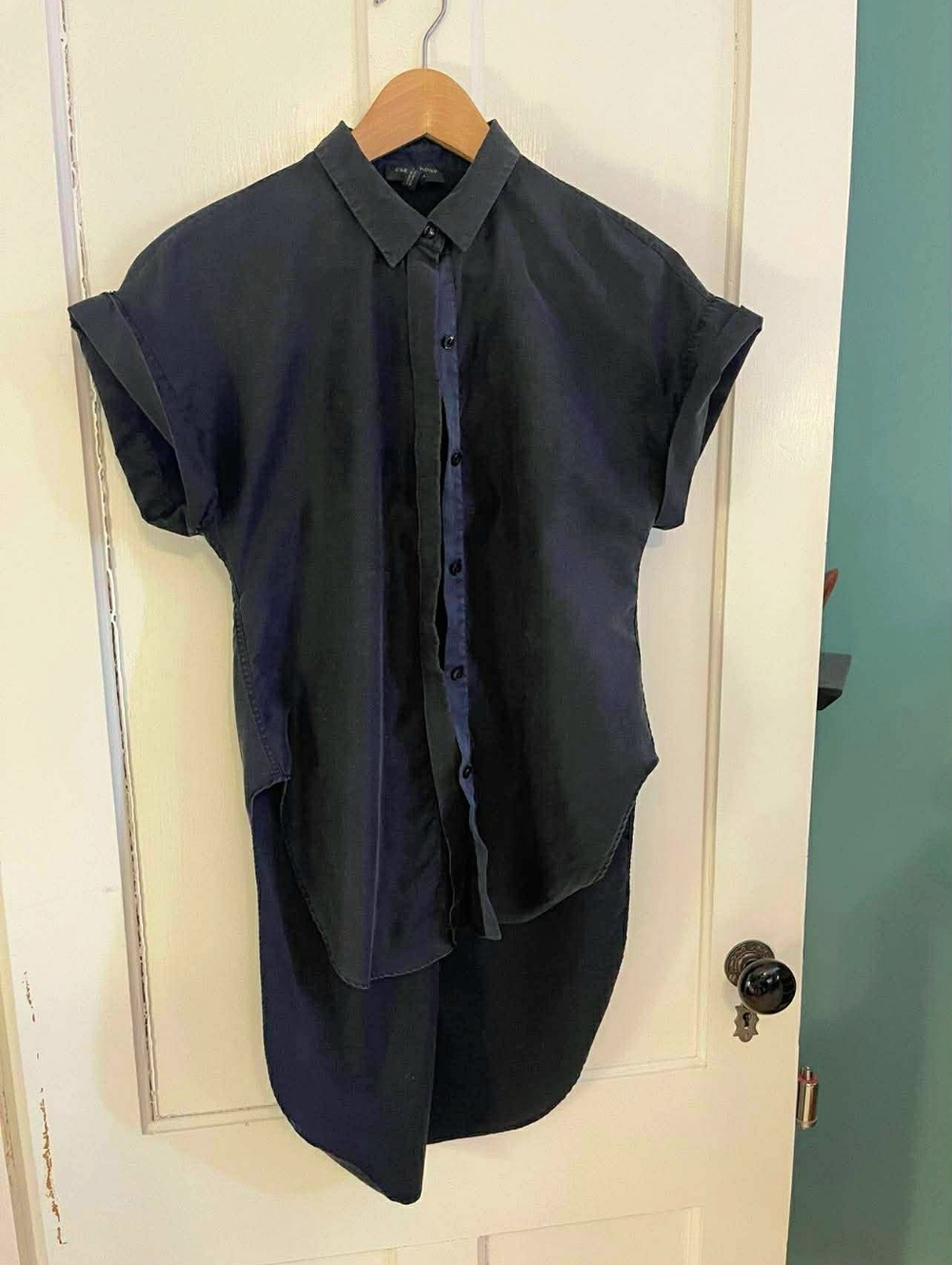 Rag & Bone New York Made in USA Asymmetric Hi-Low Button Shirt Black Silk Wool